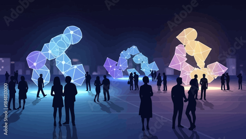 Futuristic digital art installation featuring illuminated geometric human sculptures and diverse