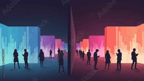 Futuristic Digital Art Installation Showcasing Individual Interaction in a Dual-Colored Virtual