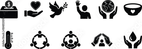 A comprehensive collection of black vector icons representing charity, social responsibility, and global care concepts.