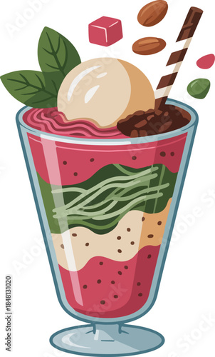 Falooda dessert glass cartoon vector illustration with ice cream noodles and nuts