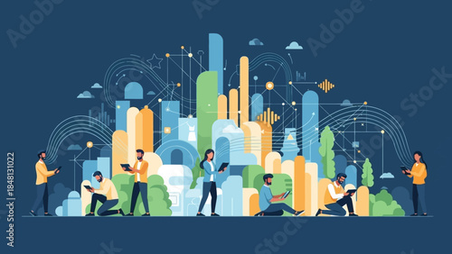 Futuristic digital cityscape with diverse professionals engaging in connectivity and innovation