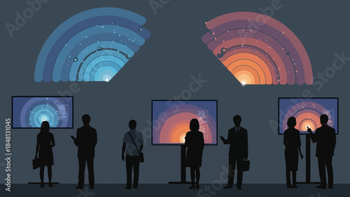 futuristic exhibition showcasing digital data visualization with diverse audience engaging with