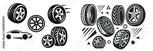 Vector illustration of various tires and a sporty car design