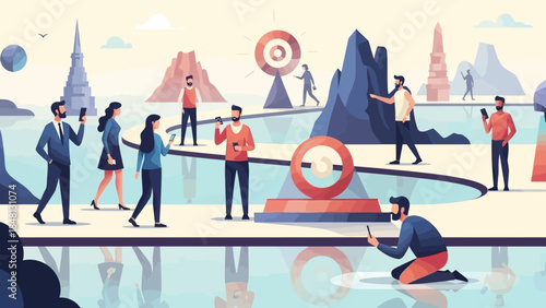 Futuristic landscape with diverse people engaging in outdoor activities amid unique monuments and