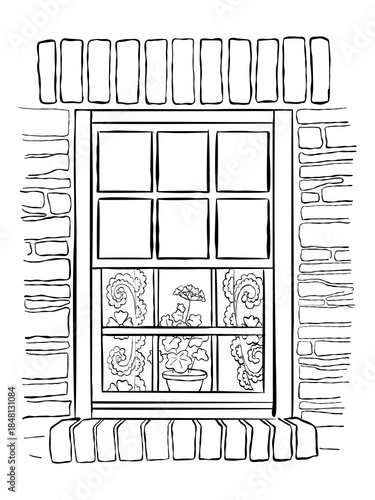 Hand drawn brick house window with lace curtains and potted flower cozy vintage exterior scene in black and white line art