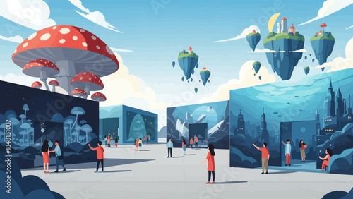 Futuristic indoor exhibition with floating islands and imaginative landscapes