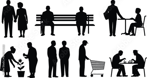 Set of black silhouette elderly people icons showing daily activities like walking, sitting, shopping and playing chess, vector illustration.