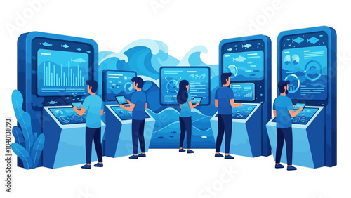 Futuristic marine research facility with multiple scientists analyzing digital aquatic data