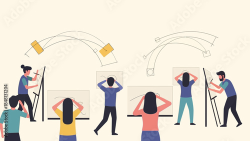 group of artists and designers working collaboratively on creative projects during a brainstorming