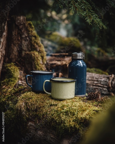 Rustic outdoor tea party setting. Enameled metal mugs, a simple campfire, and a thermos on a mossy log in a forest or mountain setting.