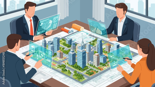 futuristic urban planning meeting with digital interface and model city design