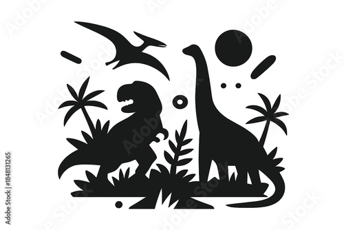 Vector illustration of dinosaurs in a prehistoric jungle setting