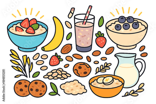 Breakfast assortment featuring healthy ingredients and snacks