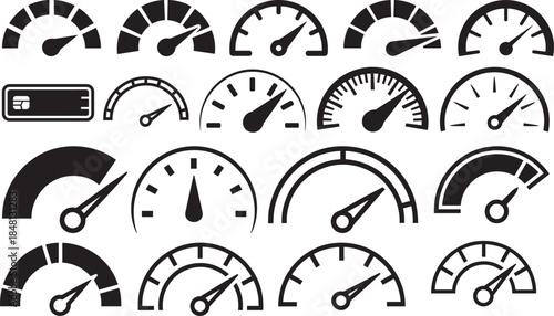 Diverse Black Vector Gauge Icons Set: Measuring Speed, Performance, and Progress for Digital Dashboards, UI, and Data Visualization.