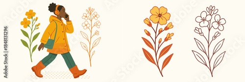 Walking in autumn with headphones and flowers in a vector illustration
