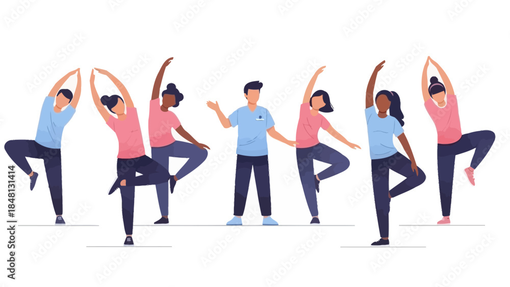 Fototapeta premium Group of diverse individuals engaging in a synchronized yoga or dance routine showcasing