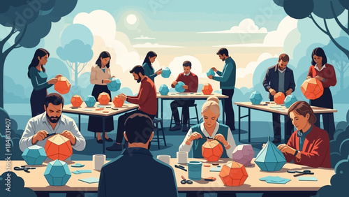 group of diverse people engaged in collaborative paper folding activity outdoors during daytime in