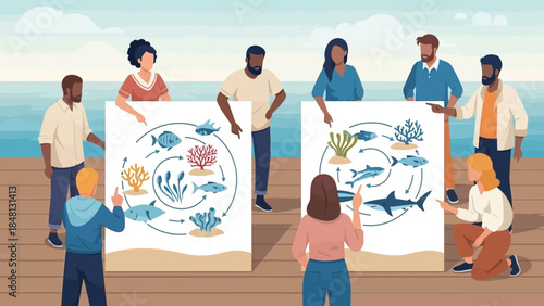 group of diverse people discussing marine life and coral reef ecosystems on a wooden deck