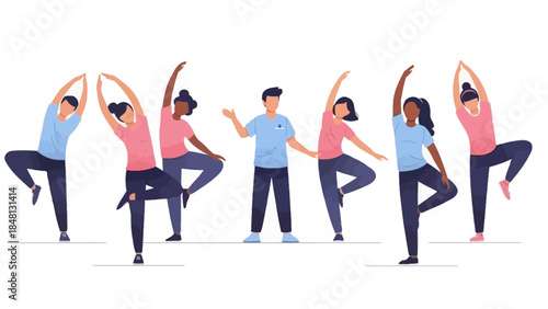 Group of diverse individuals engaging in a synchronized yoga or dance routine showcasing