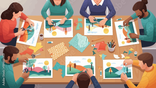 group of diverse people engaged in creative arts and crafts workshop collaboration