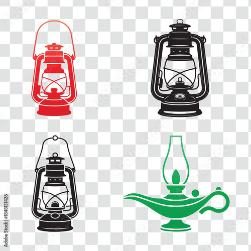 Vintage Kerosene Lanterns and Magic Genie Lamp Vector Set. Hurricane Oil Lamp Icons.
