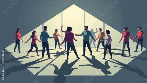 group of diverse people engaging in dynamic dance or movement activity indoors with dramatic