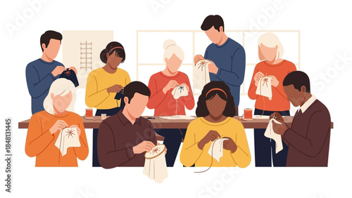 Group of diverse people engaging in creative knitting workshop session indoors