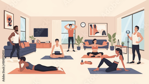 group of diverse individuals participating in a guided yoga or meditation session in a cozy living