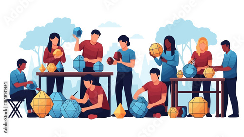 Group of diverse people engaging in geometric shape crafting outdoors during daytime