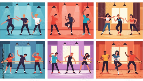 group of diverse people engaging in lively dance rehearsals in a warm studio with colorful