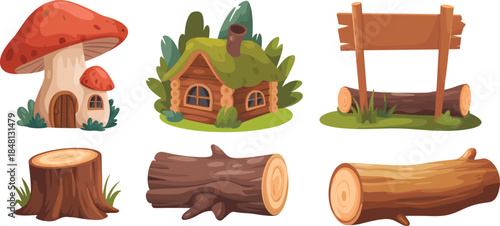 Set of cartoon forest elements including mushroom house wooden cabin signpost logs and tree stump isolated on white background.