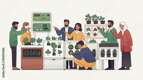 group of diverse people engaging in plant cultivation and gardening activities in an indoor