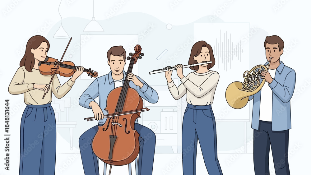 Fototapeta premium group of musicians playing classical instruments together in a cozy indoor setting