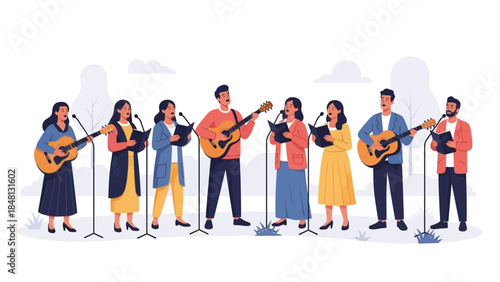 group of diverse people performing acoustic music outdoors in a casual setting with instruments