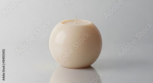 Simple unlit spherical ivory candle with a white wick centered on a reflective surface