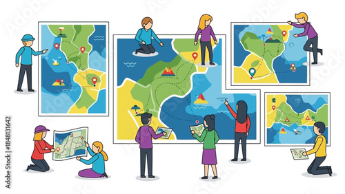 group of people engaging in interactive map exploration and navigation activities diverse spatial
