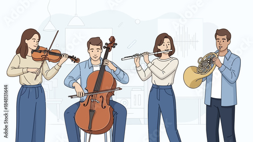 group of musicians playing classical instruments together in a cozy indoor setting