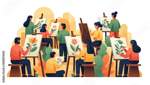 group of people engaged in outdoor painting workshop in a lush green park setting