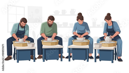 group of people participating in pottery class creating ceramic art in a modern studio