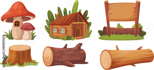 Set of cartoon forest nature elements including red mushroom house, wooden cabin, signpost and logs, isolated on white background.