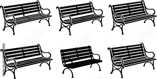Set of classic park bench silhouettes, black outdoor furniture seats with wooden slats and metal legs vector illustration.
