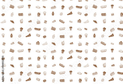 A brown and white striped pastry background pattern featuring slices of various cakes and breads. Suitable for packaging design, kitchen backgrounds, or food festival backdrops