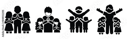 children thankful pose silhouette icon vector set