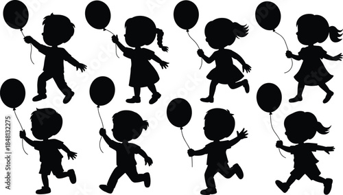 Set of happy children silhouettes holding balloons, cute little boys and girls running and playing vector illustration isolated on white background.