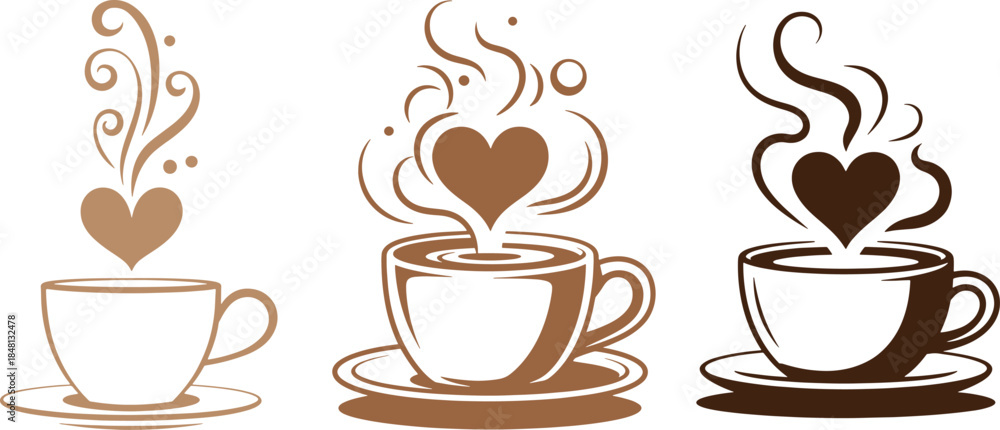 Obraz premium Three coffee cups with hearts and steam on in brown tones