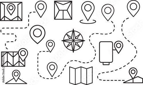 Minimalist line art pattern of location map pins and dashed routes tracing a journey, symbolizing successful navigation and travel planning.