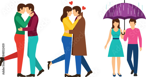 Set of romantic couples featuring gay men hugging, lovers kissing and walking under umbrella vector illustration.