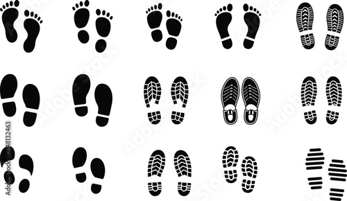 Essential Footprints and Shoe Prints Vector Icon Collection: Barefoot, Boots, and Sneaker Soles for Tracking, Direction, and Journey Concepts.