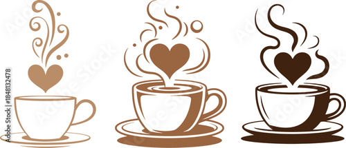 Three coffee cups with hearts and steam on in brown tones