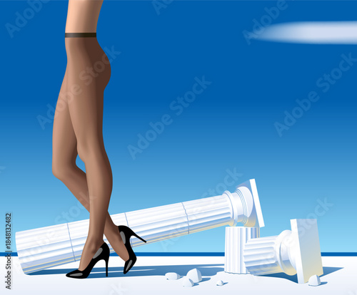 Slender female legs in brown tights and black high-heeled shoes, and lying white antique columns against a blue sky and a strip of sea. Vector illustration in 3D style